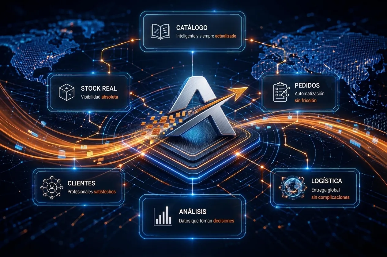 AutomotiveB2B digital platform: catalogue, real stock, orders, logistics, customers and analytics connected.