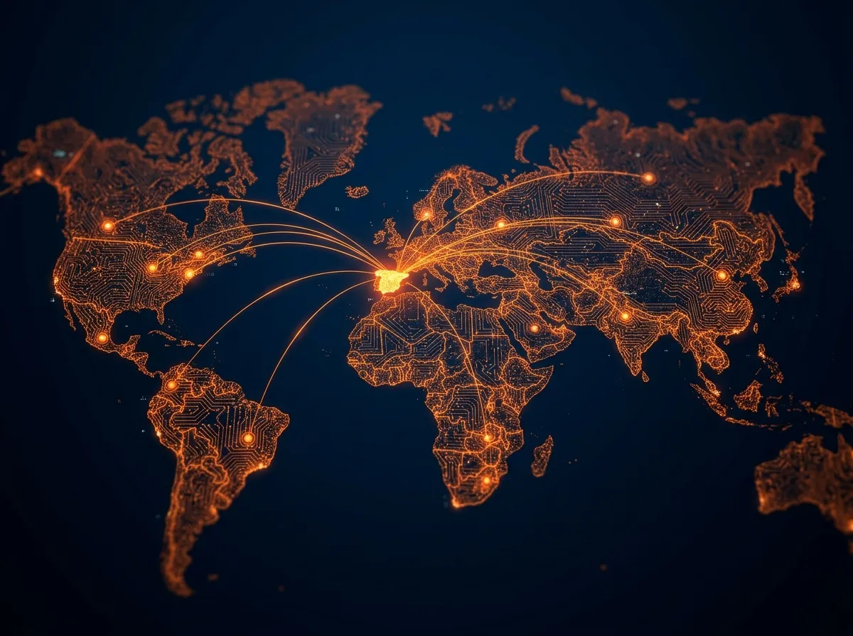 World map with shipping routes departing from our Valencia logistics hub
